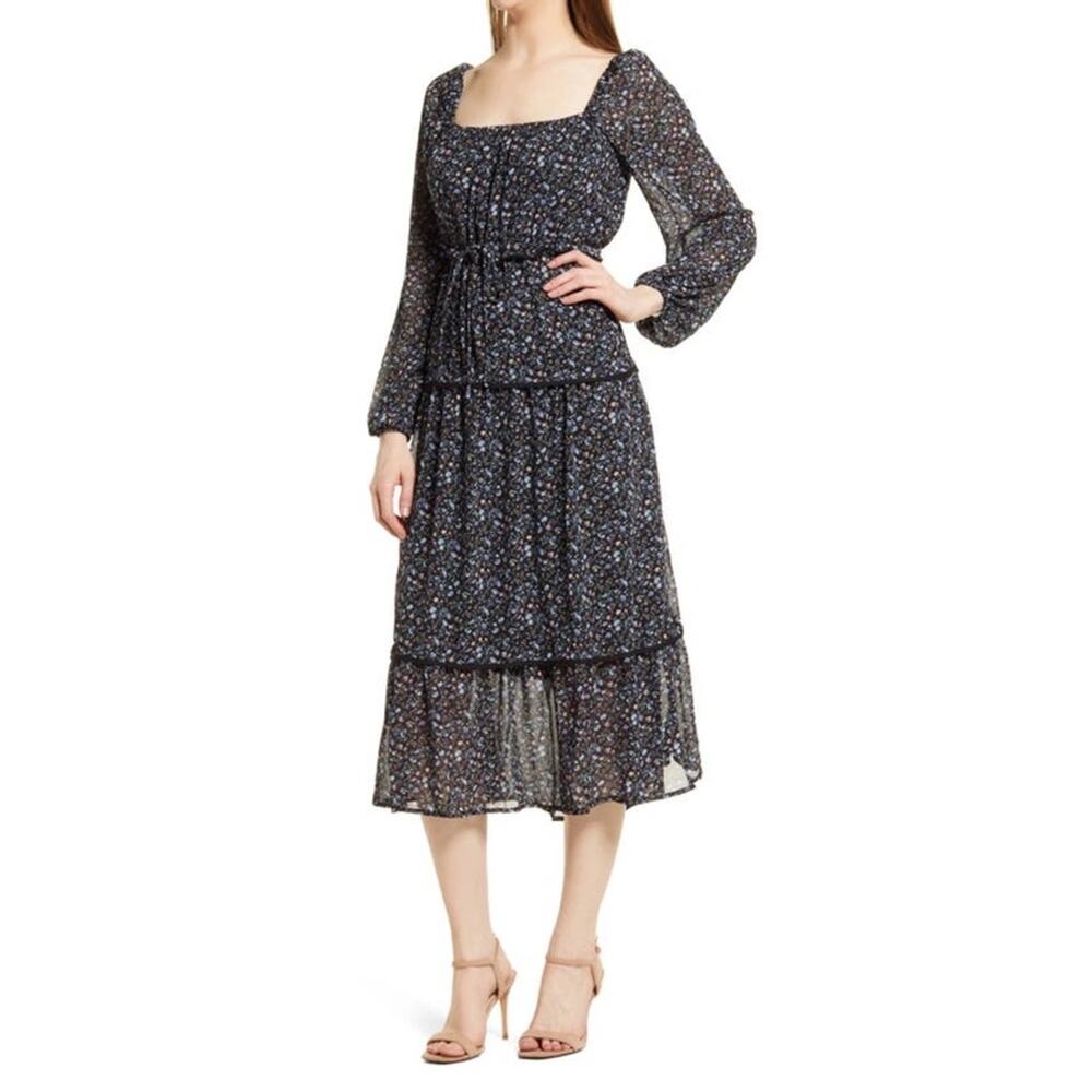 Floret Studios Juliet Floral Long Sleeve Tiered Black Blue Midi Dress Size S